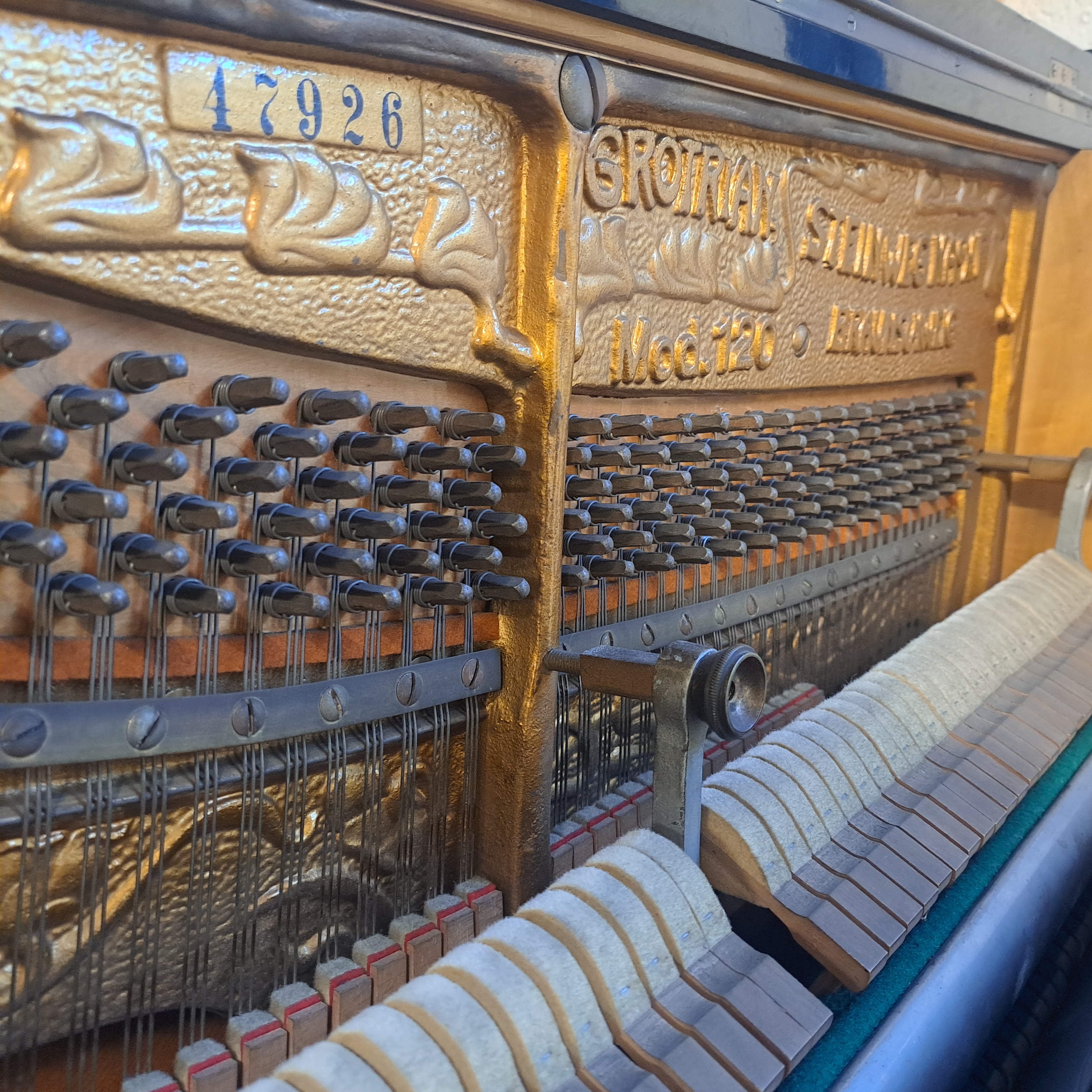Grotrian Steinweg 120 Upright piano detail photo 2 - Roberts Pianos